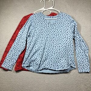 Sonoma Tops Women's Large Lot of 2 Blue Red Print The Everyday Tee Long Sleeve